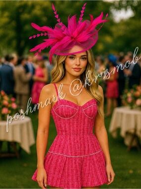 Kentucky Derby Hat KY Oaks Fascinator Elegant Pink Feather Statement Headwear